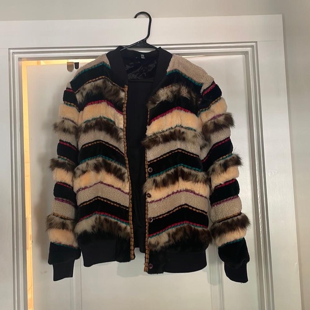 Anthropologie Large jacket with colorful stitching and fur